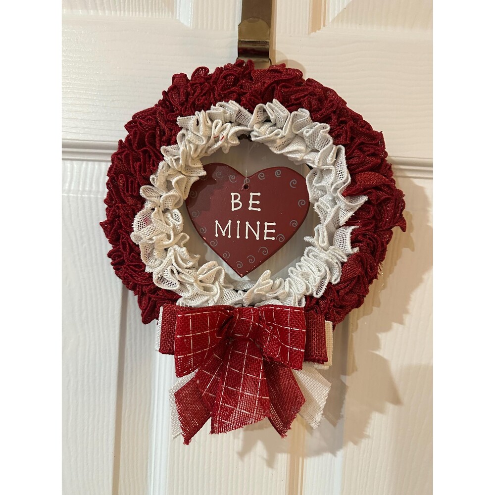 Valentines Day Ruffle Burlap 9” Mini Wreath Rustic Cottage Core "Be Mine" Decor